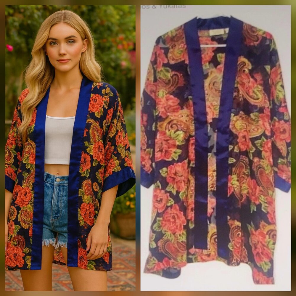 Victoria's Secret Gold Label Navy Floral Paisley Kimono Robe OSFM